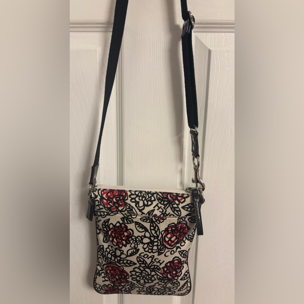 Coach Crossbody Bag with Red and Black Floral Design